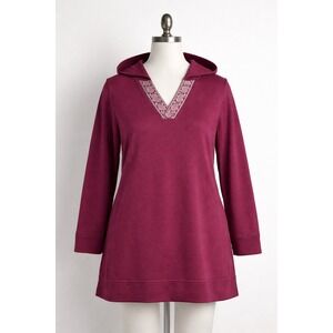 Denim and Co Waffle Knit V-Neck Hooded Top‎ [2X]